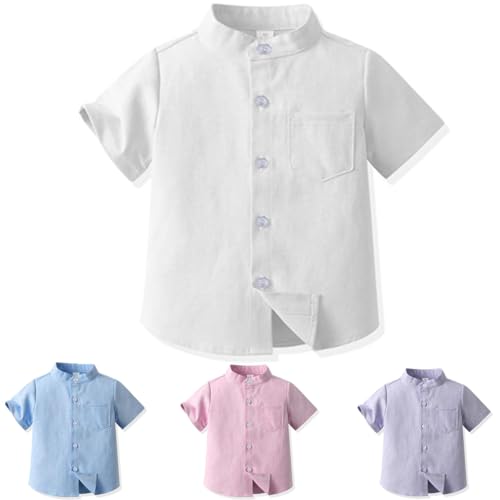 Yanmucy Jungen Baby Kurzarm Top Stand Kragen Button Down Hemd Sommer Kleine Große Jungen Freizeithemden Für 2-8 Jahre (De/Nl/Se/Pl, Alter, 3 Jahre, 4 Jahre, Regular, Weiß)