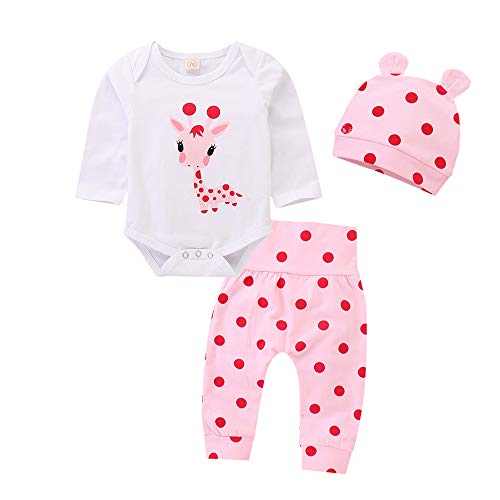 Juflam Neugeborene Baby Mädchen Kleidung Giraffe Strampler+Rosa Punkt Hose+ Hat 3Pcs Bekleidungssets (3–6 Monate)