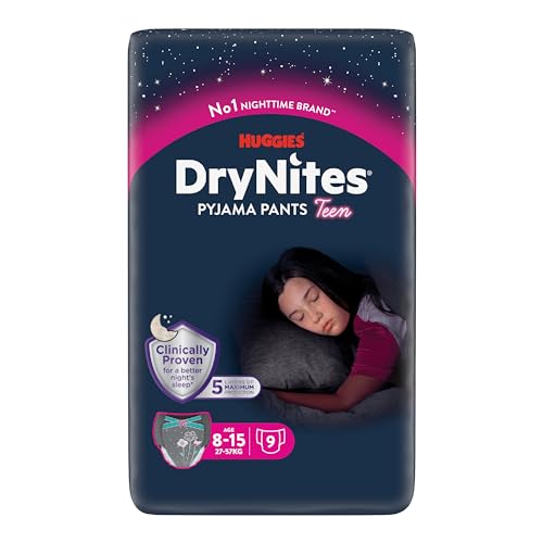 Huggies Drynites Nachtwindeln, Für Mädchen 8-15 Jahre (27-57 Kg), Hochabsorbierende Bei Bettnässen, 9 Stück (1Er Pack) Windel-Pants