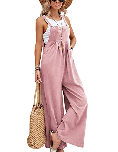 Sotrong Latzhose Damen Weite Bein Schlag Jumpsuit Mit Tasche Loose Fit Baggy Playsuits Sommer Boho Strampler Ärmellos Riemchen Overalls Casual Adjustable Bib Pants Rosa L