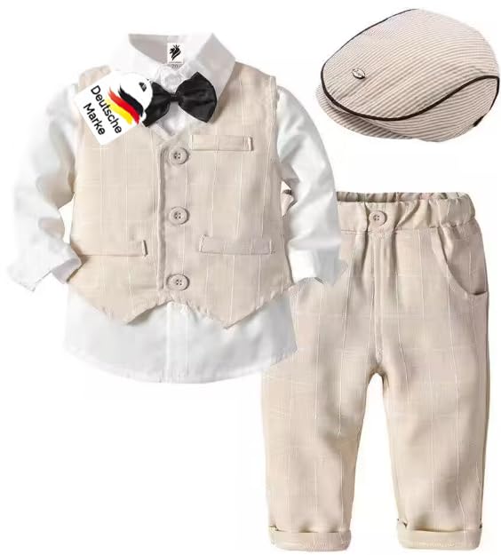 Leonardino Baby Jungen Bekleidung Set | Taufe | Junge 5Tlg Mit Fliege + Weste + Hut Gentleman Langarm Anzug | Outfit Für Festliche Anlässe | Geburtstag | Hochzeit