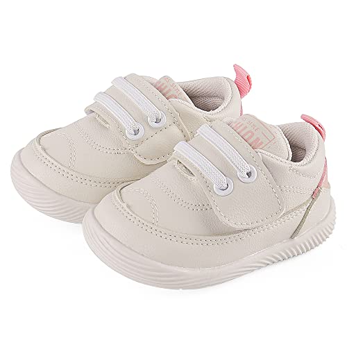 Lacofia Baby Mädchen Lauflernschuhe Rutschfeste Gummisohle Erste Sneaker Krabbelschuhe Weiß/Rosa 19(Herstellergröße:17)