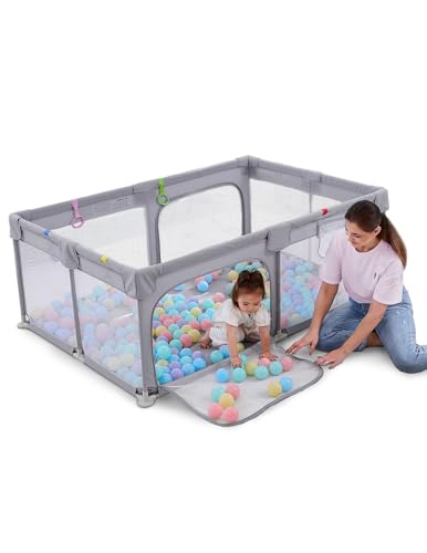 Dripex Laufstall Baby, Laufgitter Baby 300D Oxford Gewebe, Baby Laufstall Mit Atmungsaktivem Netz, Große Sicherheitsspielplatz, Laufstall 120X180Cm, Grau