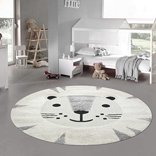 Teppich-Traum Kinderzimmer Teppich Baby Spielteppich 3D Optik High Low Effekt Katzenmotiv Creme Grau Weiß, 80 Cm Rund