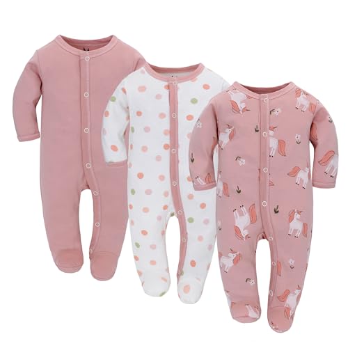 3Pcs Baby Schlafstrampler Babychlafanzug Babyschlafsack Baumwolle Mit Füßen Mit Knöpfen Gr. 56 62 68 Für Junge Mädchen Neugborenen (Rosa, 56)