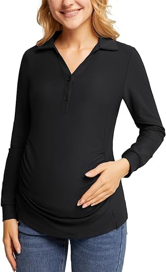 Schwangerschaft Damen V Ausschinitt Polo Shirts Langarm Sport Shirt Atmungsaktive Bluse Für Schwangere Schwarz L