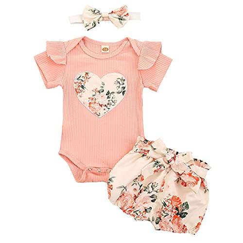 Geagodelia 3Tlg Baby Kleidung Outfit Mädchen Babykleidung Set Kurzarm Body Strampler + Blumen Shorts + Stirnband Neugeborene Weiche Sommer Babyset (Pink - Herz, 0-3 Monate)