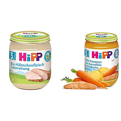 Hipp Bio-Hühnchenfleisch-Zubereitung, 6Er Pack (6 X 125 G) &Amp; Früh-Karotten Mit Kartoffeln Und Lachs, 6Er Pack (6 X 190 G)