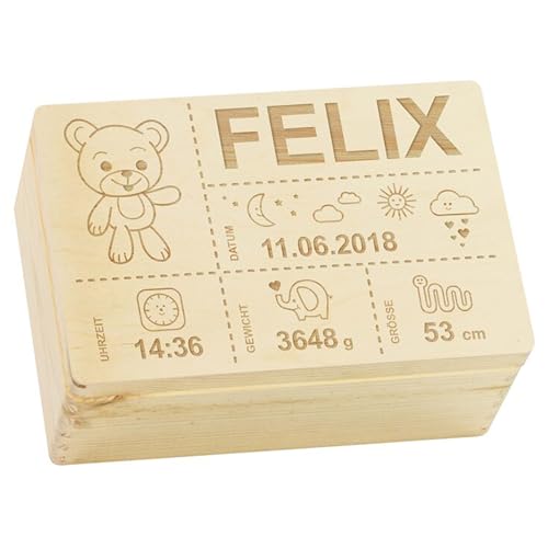 Laublust Erinnerungsbox Baby Personalisiert - Teddybär - Geschenk Zur Geburt | M - Ca. 30X20X14Cm, Holzkiste Natur Fsc®