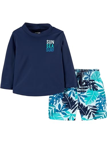 Simple Joys By Carter'S Baby Jungen Swimsuit Trunk And Rashguard Rash-Guard-Set, Marineblau Weiß Tropisch, 5 Jahre
