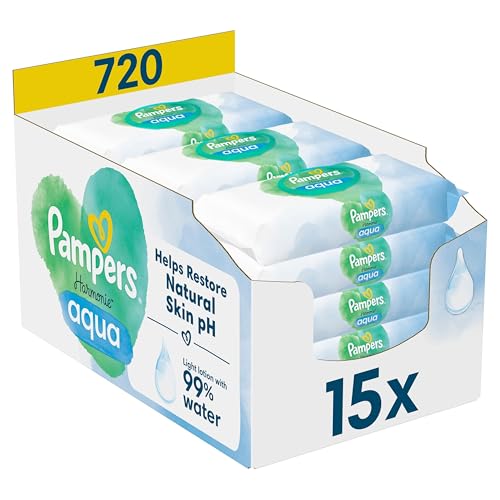 Pampers Harmonie Aqua Baby Feuchttücher Box, 720 Tücher (15 X 48), Sanfter Hautschutz Für Zarte Haut Mit 99% Wasser