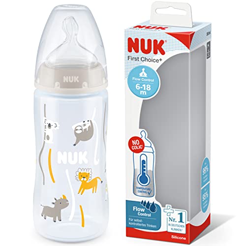 Nuk First Choice+ Babyflaschen | 6-18 Monate | Anti-Colic-Ventil | Bpa-Frei | 300 Ml | Trinksauger Aus Silikon | Mit Temperature Control | Graues Faultier