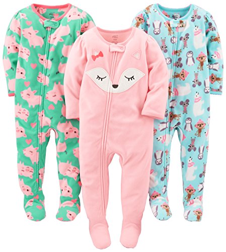 Simple Joys By Carter'S Baby-Mädchen 3-Pack Loose Fit Flame Resistant Fleece Footed Pajamas Schlafstrampler, Blau Pinguin/Grün Schweinchen/Rosa Fuchs, 18 Monate (3Er Pack)