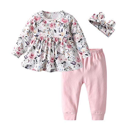 Baby Mädchen Outfits Mädchen Floral Gedruckte Lange Ärmel Top Hose 3Pcs Kleidung Set Für Baby Mädchen Rosa (3-6 Monate)
