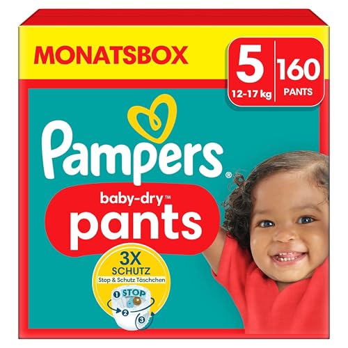 Pampers Windeln Pants Größe 5 (12-17Kg) Baby-Dry, Junior Mit Stop- Und Schutz Täschchen, Monatsbox, 160 Höschenwindeln