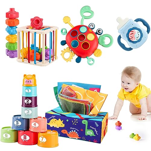 Xazastov Montessori Spielzeug Ab 1 Jahr - Sensorik Babyspielzeug Mit Tücherbox, Sortier, Stapelspielzeug, Zugseilspielzeug, Beißspielzeug