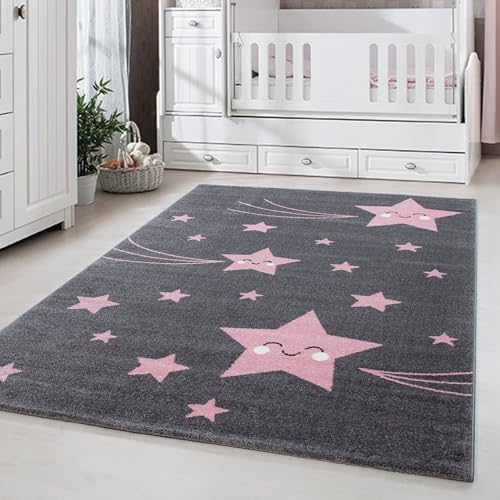 Carpetsale24 Kinderteppich Süßes Stern Muster Grau Und Pink 120 Cm Rund - Kurzflor Teppich Kinderzimmer Für Jungen Und Mädchen Weich Pflegeleicht - Waschbar Spielteppich Babyzimmer Babyteppich Runder