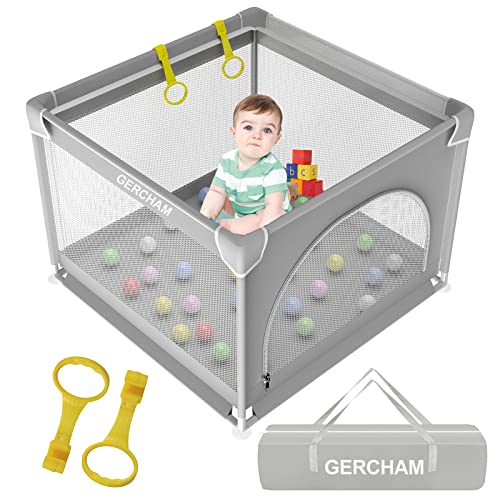 Gercham Laufstall Baby 90X90Cm Laufgitter Baby Mit Sicherheitstür, Baby Laufstall Faltbar Für Apartment, Kleines Laufstall, Laufgitter Mit Atmungsaktivem Netz Und Rutschfeste Basis,Playpen Baby Grau