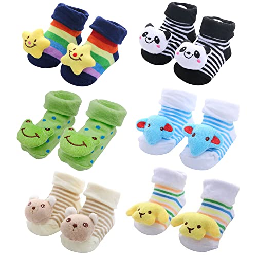 Fedmois 6 Paar Baby Abs Rutschfeste Socken Baumwolle 3D Tiermotive, Jungen, 0-9 Monate