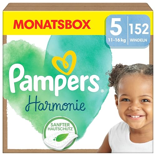 Pampers Baby Windeln Größe 5 (11-16Kg) Harmonie, Monatsbox, Sanfter Hautschutz Und Pflanzenbasierte Inhaltsstoffe, 152 Stück