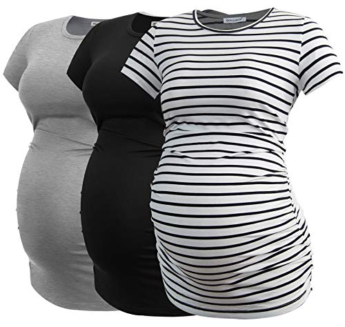 Smallshow Damen Umstandsmode Tops Seitlich Geraffte Schwangerschafts Umstandstop 3Er Pack Black/Grey/White Stripe M