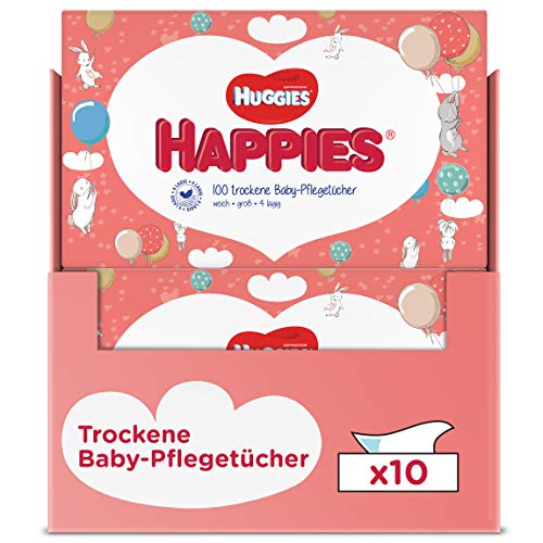 Huggies Happies Trockene Baby-Pflegetücher, Weich Und Reißfest, 10 X 100 Tücher, Monatsgröße