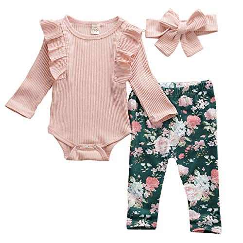 Geagodelia Babykleidung Set Baby Mädchen Langarm Body Strampler + Blumen Hose + Stirnband Neugeborene Kleinkinder Warme Babyset Kleidung T-38207 (0-6 Monate, Pink)