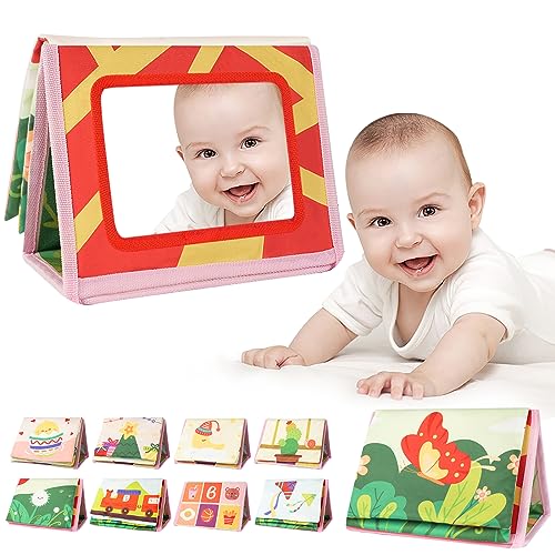 Aolso Baby Spiegel Mit Knisterbuch,Baby Spielzeug 0-9 Monate, Faltbarer Baby Spiegel Spielzeug, Wahrnehmungs-Lernspielzeug Für Neugeborenes, Geschenke Für Babys-Bunt