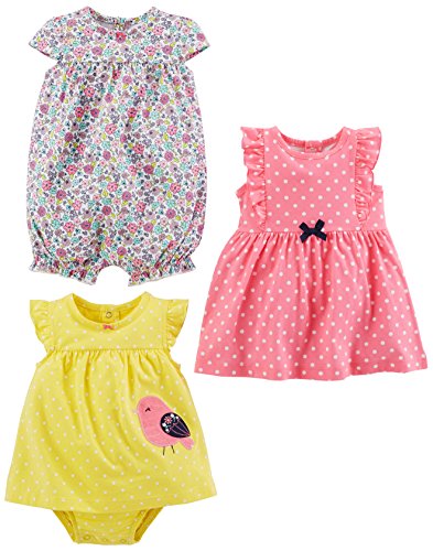 Simple Joys By Carter'S Baby Mädchen 3-Pack Romper, Sunsuit Dress Infant-And-Toddler-Rompers, Gelb Vogel/Rosa Punkte/Weiß Floral, 24 Monate (3Er Pack)