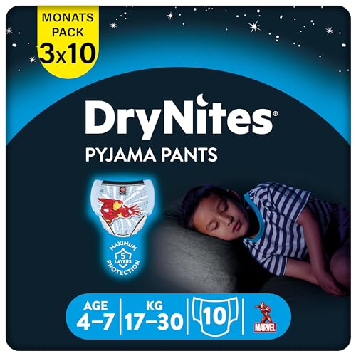 Huggies Drynites Saugfähige Nachtwindeln Bei Bettnässen, Für Jungen 4-7 Jahre (17-30 Kg), 3 X 10 Stück = 30 Windel-Pants, Höschenwindeln, Windelhöschen