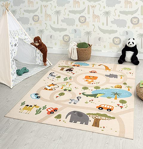 The Carpet Happy Life Kinderzimmer, Kinderteppich, Spielteppich, Straßenteppich, Straße, Dschungel, Tiere, Auto, Beige, 140 X 200 Cm