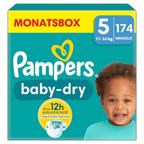 Pampers Windeln Größe 5 (11-16Kg) Baby-Dry, Junior, Monatsbox, Bis Zu 12 Stunden Rundum-Auslaufschutz, (1Er Pack) 174 Stück