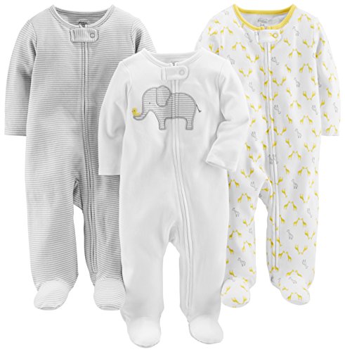 Simple Joys By Carter'S Unisex Baby 3-Pack Neutral Sleep And Play Kleinkindschläfer, Hellgrau Ministreifen/Weiß Elefant/Giraffe, 0-3 Monate (3Er Pack)