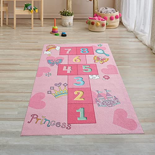 Teppich-Traum Prinzessinnen Hüpfspiel Kinder Spielteppich Mit Schmetterlingen &Amp; Herzen In Pink, Läufer 80X150 Cm