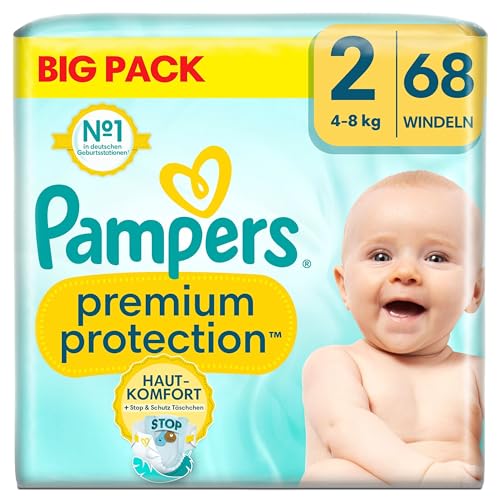 Pampers Premium Protection Big Pack, New Baby, Windeln Größe 2 (4Kg-8Kg), 68 Stück