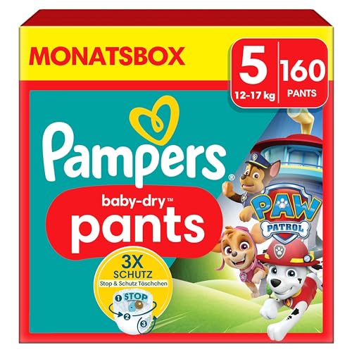Pampers Windeln Paw Patrol Pants Größe 5 (12-17Kg) Baby-Dry, Junior Mit Stop- Und Schutz Täschchen, Monatsbox, 160 Höschenwindeln