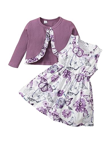 Puseky Kleinkind Baby Mädchen Kleider Und Strickjacke Set Baby Girl Floral Print Ärmelloses Kleider Und Mantel Set 18-24 Monate