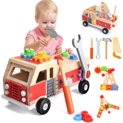 Nauotk Werkzeugkoffer Kinder Werkbank, Montessori Werkzeug Holzspielzeug Ab 2 3 4 Jahre, Kinderwerkzeug Spielzeug Werkzeugwagen, Werkzeuggürtel Koffer Lernspiele Geschenk Junge Mädchen Ab 3 Jahren