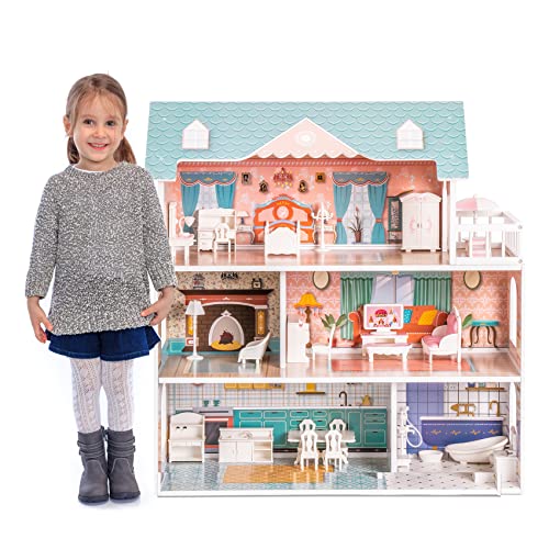 Robud Puppenhaus Aus Holz Mit Möbeln Und Zubehör Mädchen Häuser Spielhaus Spielraum Spielzeug Für Kinder