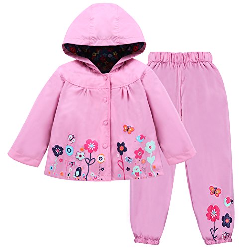 Lzh Baby Mädchen Regenmantel Anzug Wasserdichte Kapuzenmantel Jacke &Amp; Hose 2Pcs Outwear Kleidung Set,Rosa,3-4 Jahre(120)