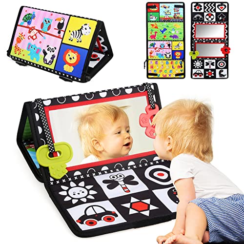 Linstyle Baby Montessori Spielzeug Mit Zwei Spiegeln, Faltbar Tummy Time Baby-Spielzeug, Schwarz-Weißes Kontrastmuster, Lernspielzeug Für Neugeborene Geschenk