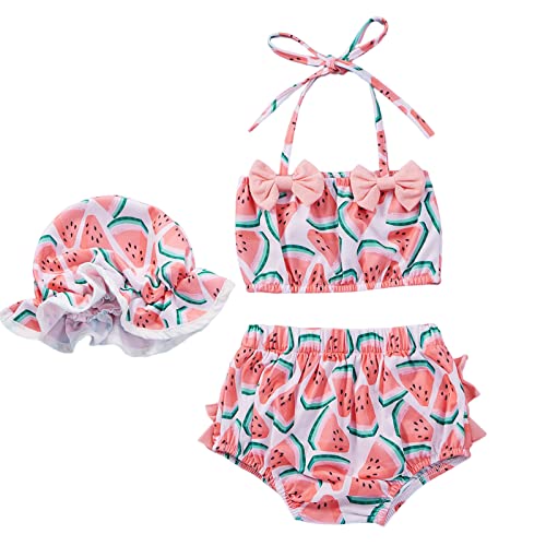 Kleinkind Baby Mädchen 3 Stück Badeanzüge Wassermelone Drucke Bikini Badeanzug Slips Mädchen Bikini Strand Bademode Hut Set Neugeborenes Jungengeschenk (Pink, 18-24 Months)