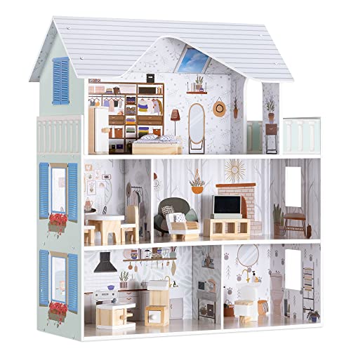 Navaris Puppenhaus Aus Holz - Inkl. 11X Möbel 4X Zubehör - Für Kinder Ab 3 Jahren - Spielzeug Puppenstube 3 Etagen 69,5 X 62 X 27 Cm