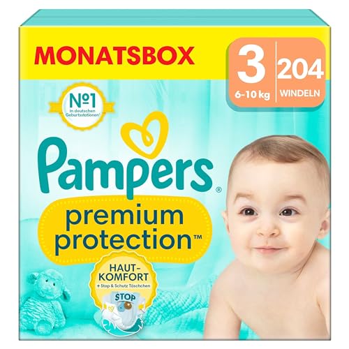 Pampers Baby Windeln Größe 3 (6-10Kg) Premium Protection, Midi, Monatsbox, Bester Komfort Und Schutz Für Empfindliche Haut, 204 Stück