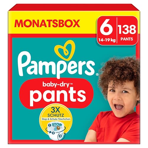 Pampers Windeln Pants Größe 6 (14-19Kg) Baby-Dry, Extra Large Mit Stop- Und Schutz Täschchen, Monatsbox, 138 Höschenwindeln