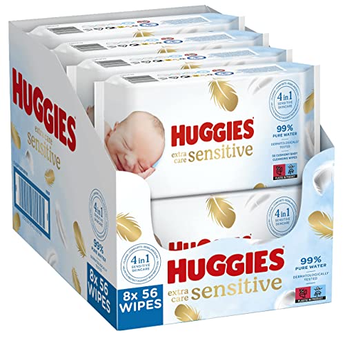 Huggies Pure Extra Care Sensitive Baby-Feuchttücher, Für Den Ganzen Körper, 99 % Reines Wasser, Parfümfrei, 8 X 56 Tücher, Monatsbox
