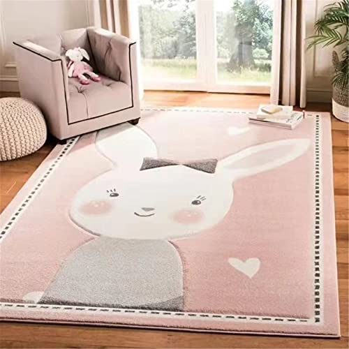 Exquleg Teppiche Kinderzimmer Babymatte Groß Kinderteppiche Flauschige Anti-Rutsch-Teppich Kindermatte Fürs Babyzimmer Kleinkinderzimmer (Rosa Hase,80X120Cm)