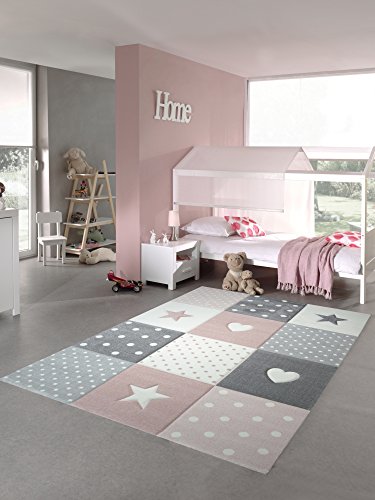 Teppich-Traum Kinderzimmer Teppich Spiel &Amp; Baby Teppich Herz Stern Punkte Design In Rosa Weiß Grau Größe 80X150 Cm