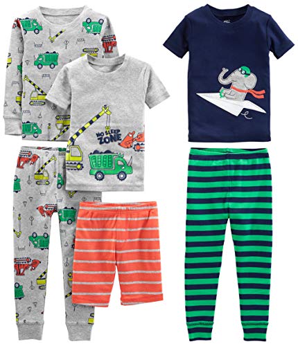 Simple Joys By Carter'S Baby-Jungen 6-Piece Snug Fit Cotton Pajama Pyjama-Set, Grau Lkws/Grün Streifen/Marineblau Elefant/Orange Streifen, 6-9 Monate (3Er Pack)
