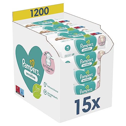 Pampers Sensitive Baby Feuchttücher, 1200 Tücher (15 X 80) Für Empfindliche Babyhaut, Dermatologisch Getestet, Baby Erstausstattung Für Neugeborene